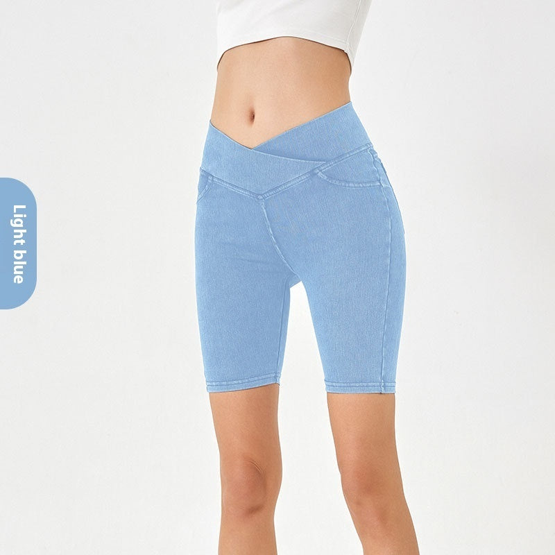 Cross High Waist Denim Shorts Damen Hochelastische Sport-Radhose